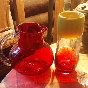 Hand Blown Red Glass Pitcher and Yellow-Red Glass Vase